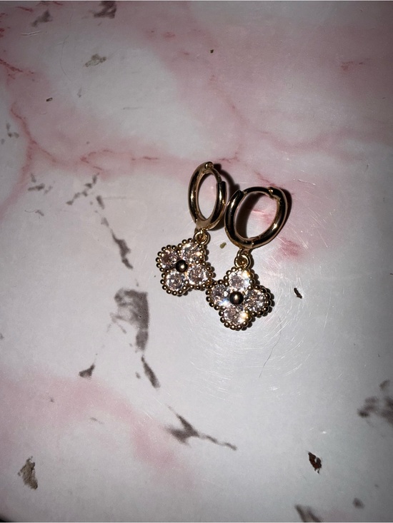 Source Unknown Jewelry - Source Unknown Gold Flower Dangle Hoop Earrings with Clear Stones